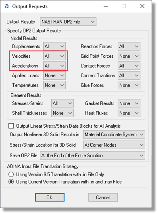 ADINA Structures Output Requests Menu