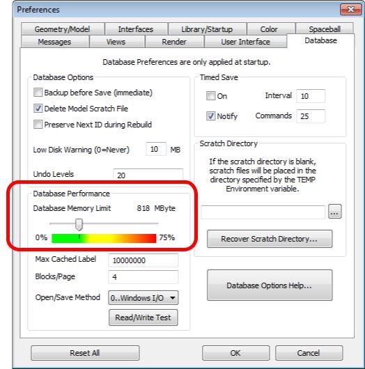 FEMAP Preferences, database, memory limit