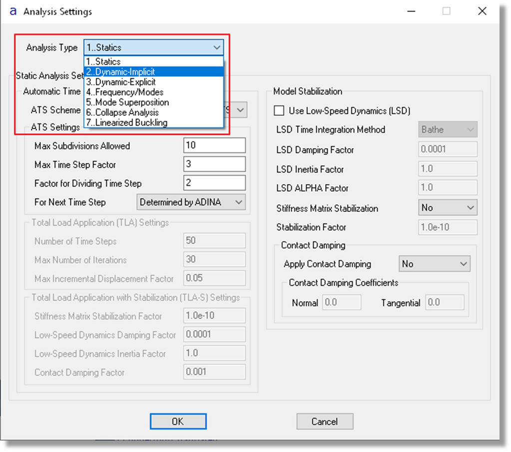 ADINA Structures Analysis Settings Menu