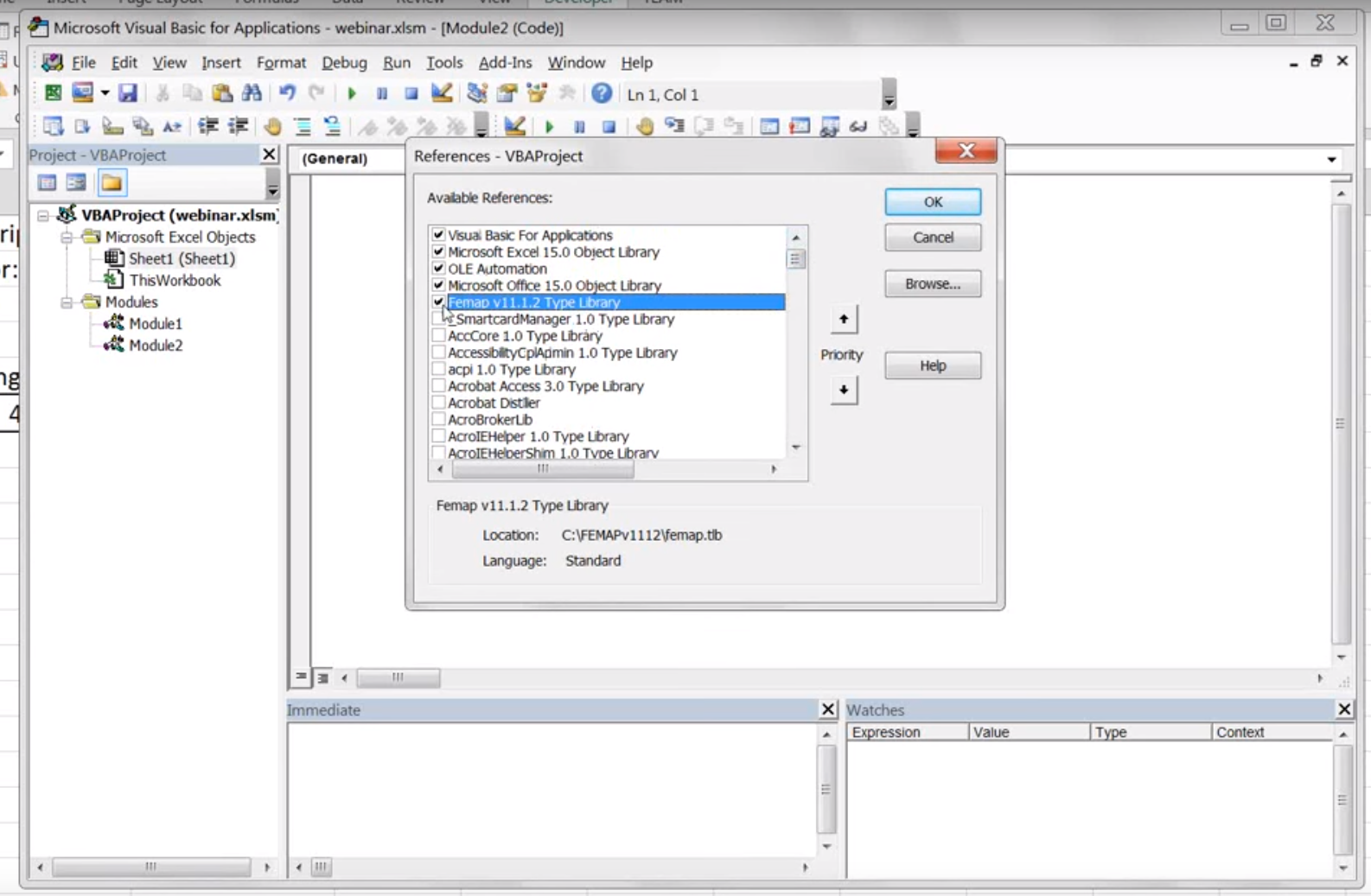 adding femap type library to excel type references