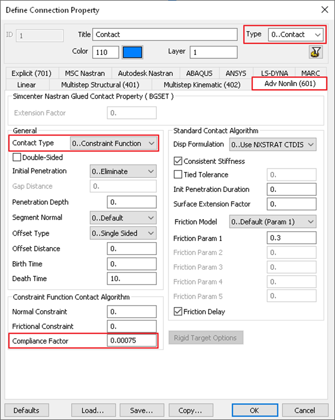 Femap SOL 601 contact property for ADINA