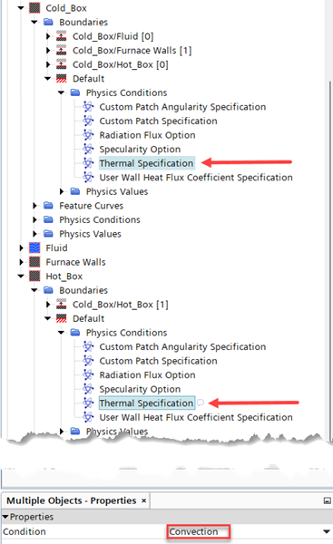 Simulation tree, setting exterior boundary thermal specification to Convection (Vacuum)