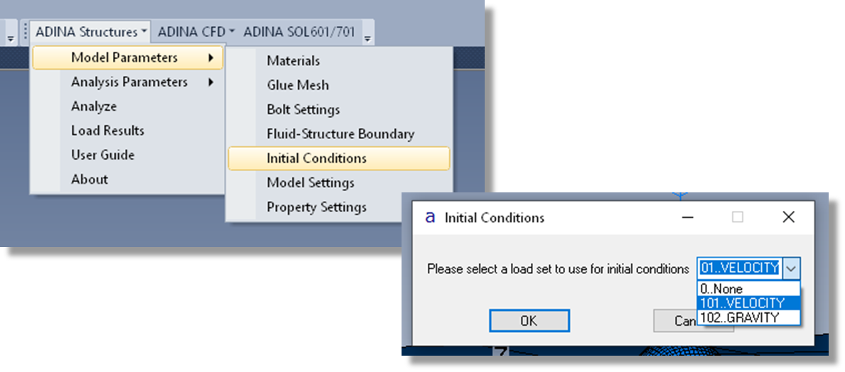 ADINA Structures Initial Conditions Menu