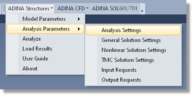 Access ADINA Structures Analysis Settings Menu