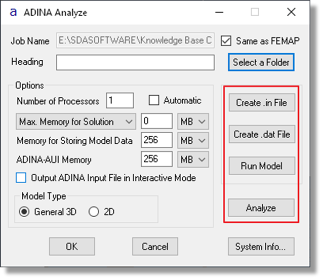 ADINA Structures Analyze Menu