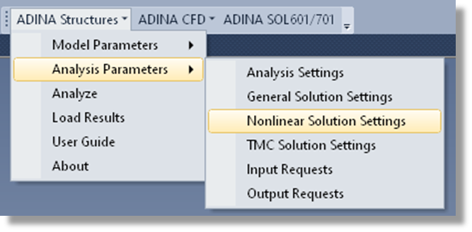 Access ADINA Structures Nonlinear Solution Settings Menu