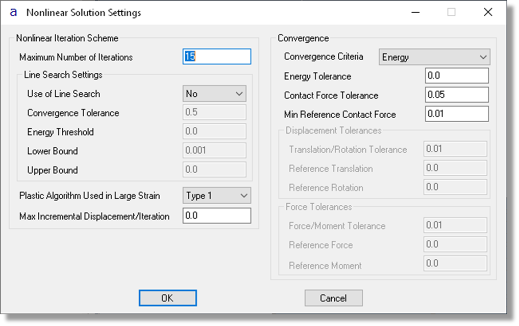 ADINA Structures Nonlinear Solution Settings Menu