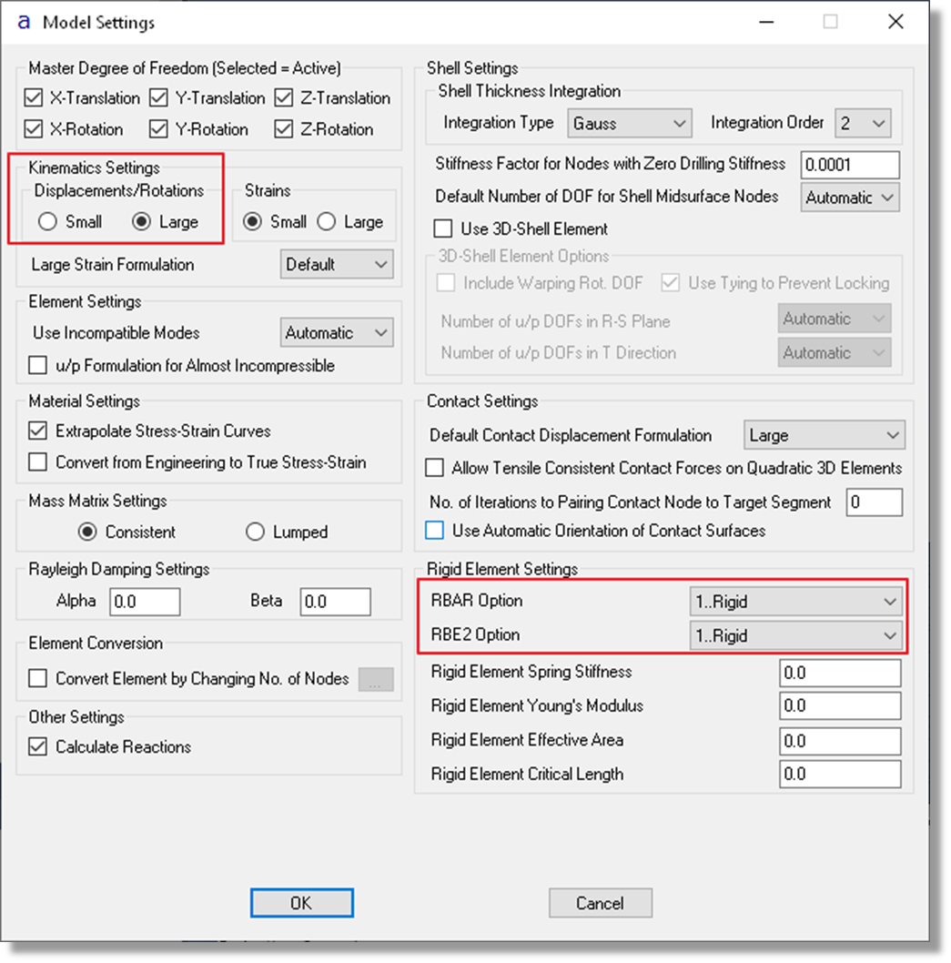 ADINA Structures TRANSOR For Femap Menu: Model Settings