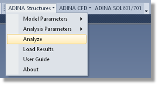 Access ADINA Structures Analyze Menu