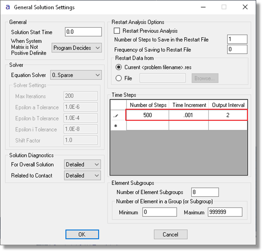 ADINA Structures General Solution Settings Menu