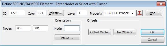 Define element dialog box showing spring damper element type